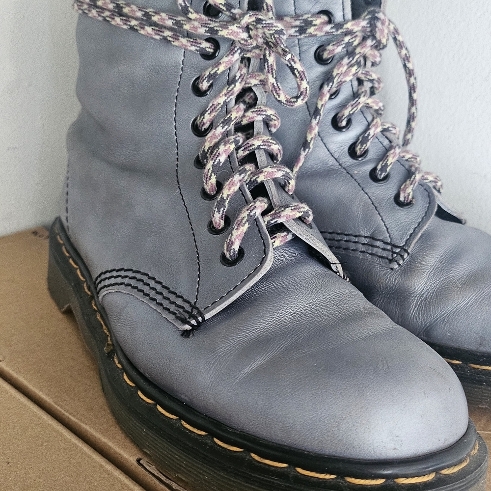 Dr. Martens Gray Combat Boots with Multicolor Laces